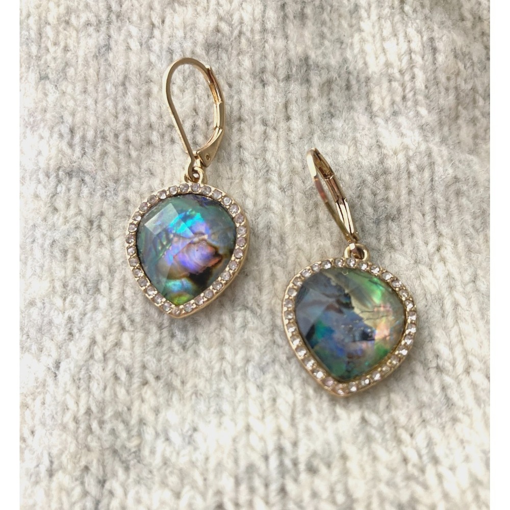 Faux Opal Pear Drop‎ Dangle Earrings Gold Tone Iridescent Rhinestone Romantic